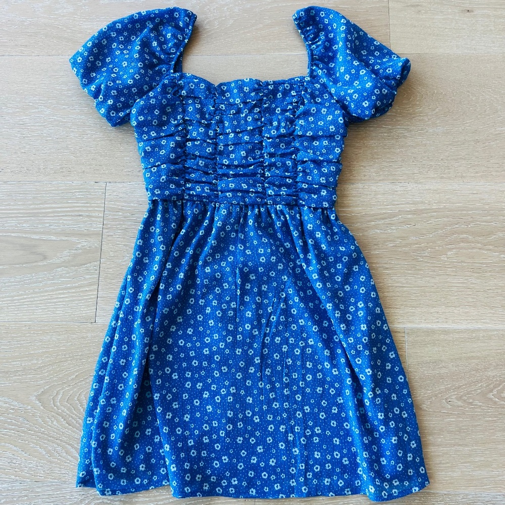 Crystal Doll Blue and White Floral Puffy Sleeves Dress Size Small